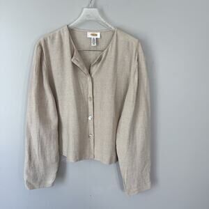 Talbot's Linen Top Shirt Longsleeves 16 Tan Natural Minimalist Mother Pearl New